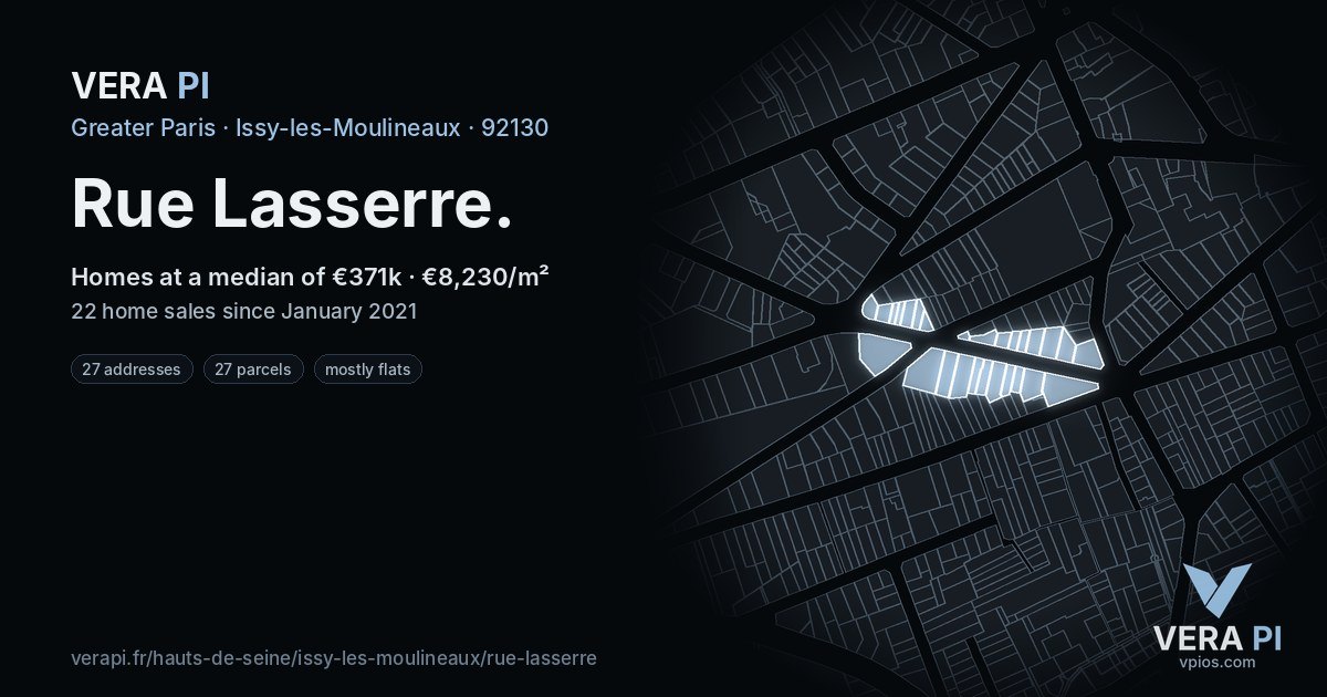 Rue Lasserre, Issy-les-Moulineaux at night – every parcel coloured by the prices around it, the street's own parcels lit