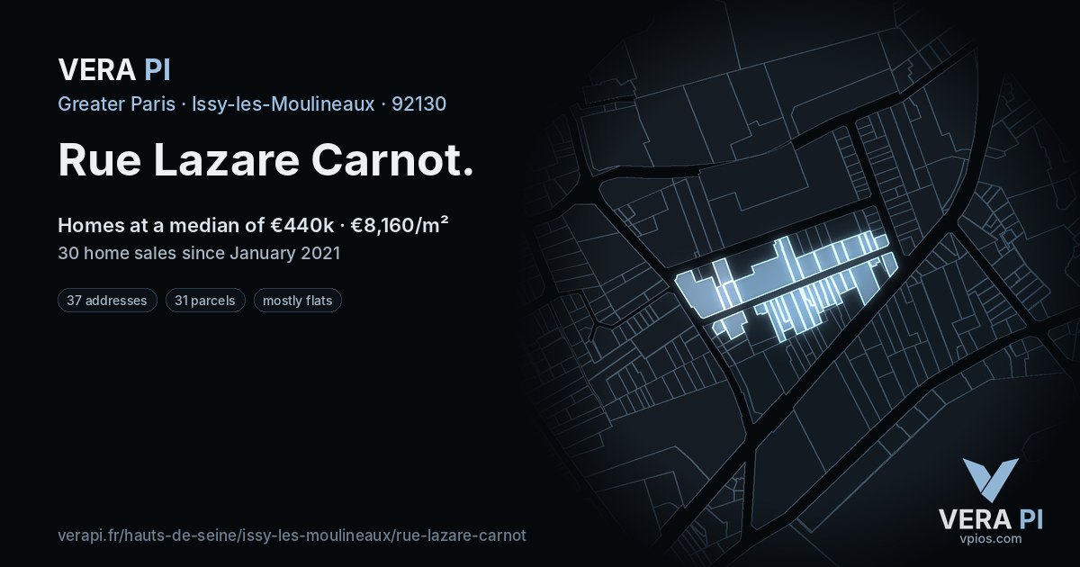 Rue Lazare Carnot, Issy-les-Moulineaux at night – every parcel coloured by the prices around it, the street's own parcels lit