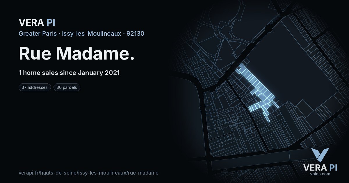 Rue Madame, Issy-les-Moulineaux at night – every parcel coloured by the prices around it, the street's own parcels lit