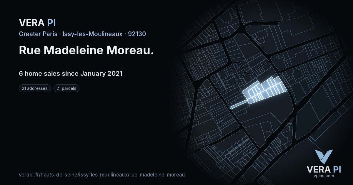 Rue Madeleine Moreau, Issy-les-Moulineaux at night – every parcel coloured by the prices around it, the street's own parcels lit