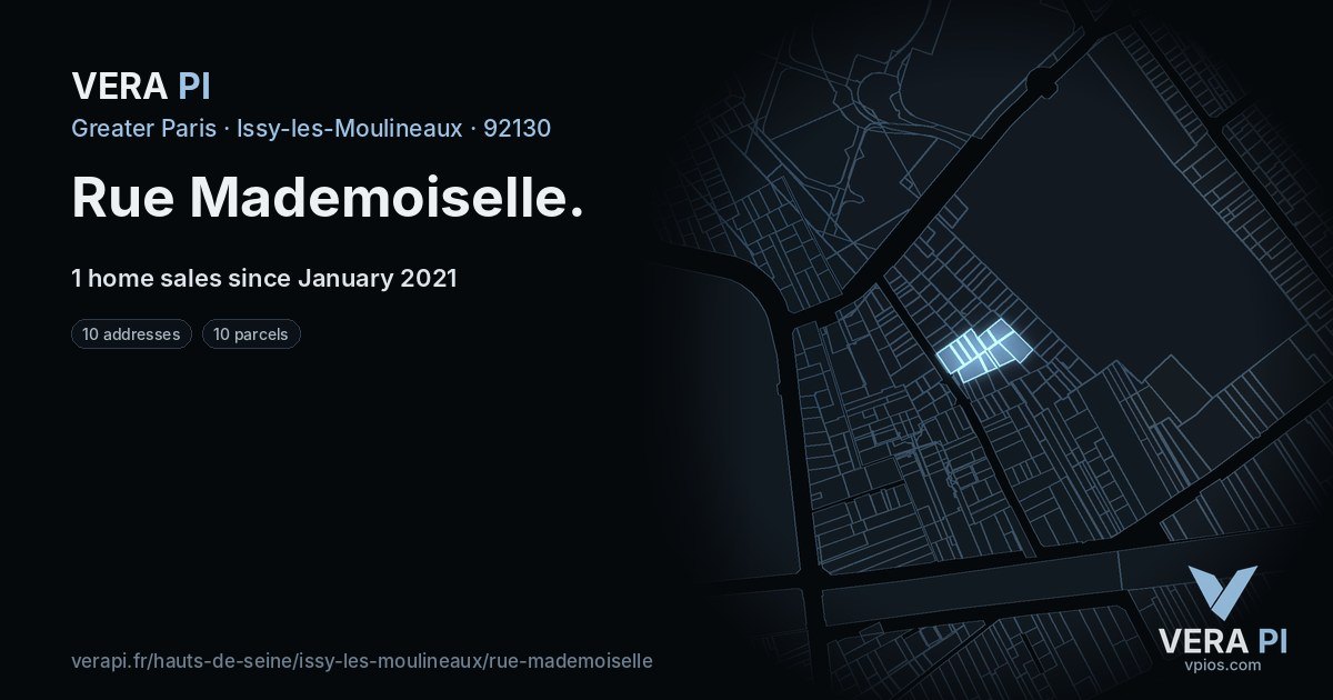 Rue Mademoiselle, Issy-les-Moulineaux at night – every parcel coloured by the prices around it, the street's own parcels lit