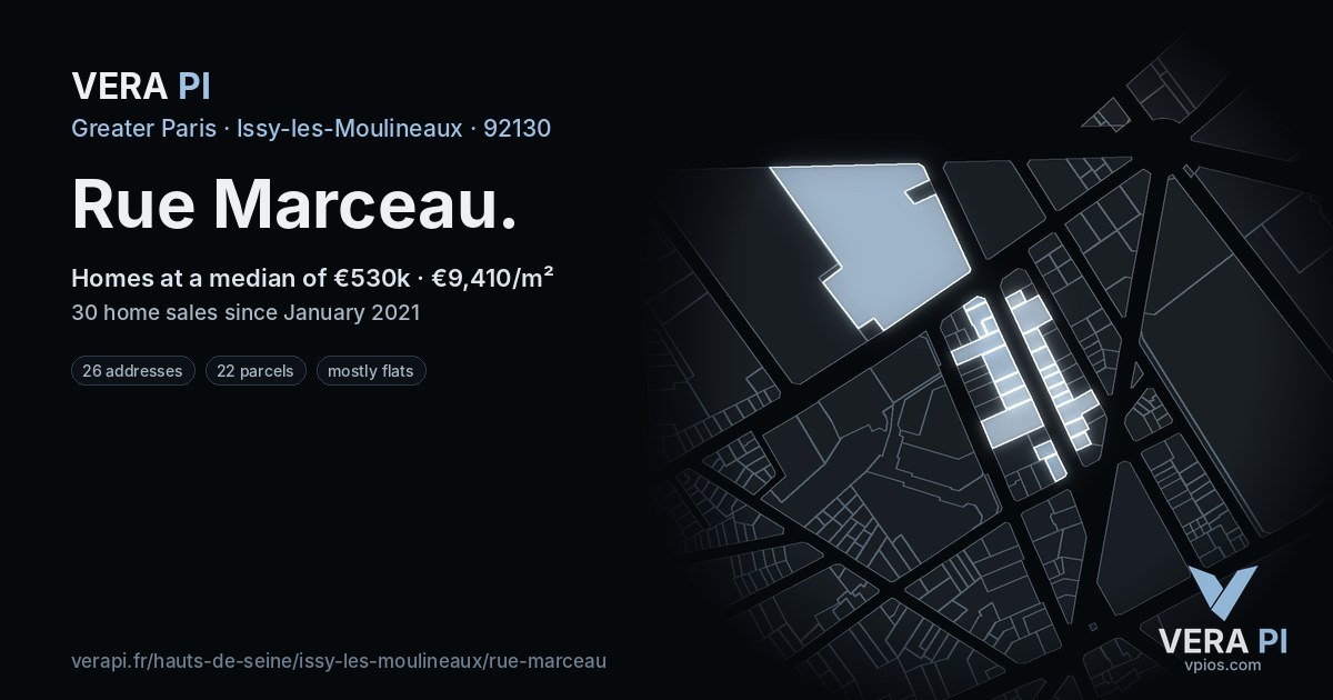Rue Marceau, Issy-les-Moulineaux at night – every parcel coloured by the prices around it, the street's own parcels lit