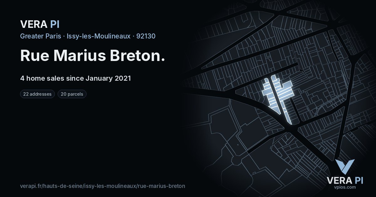 Rue Marius Breton, Issy-les-Moulineaux at night – every parcel coloured by the prices around it, the street's own parcels lit