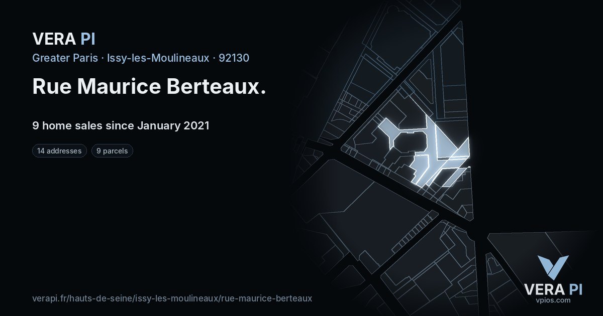 Rue Maurice Berteaux, Issy-les-Moulineaux at night – every parcel coloured by the prices around it, the street's own parcels lit