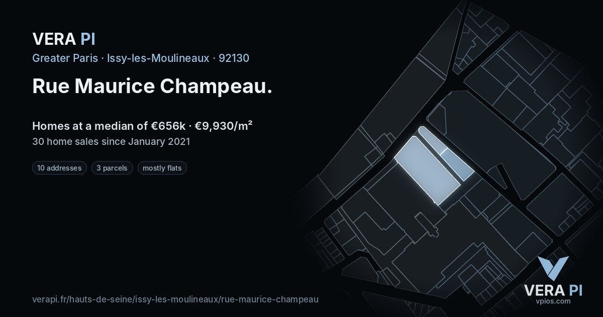 Rue Maurice Champeau, Issy-les-Moulineaux at night – every parcel coloured by the prices around it, the street's own parcels lit