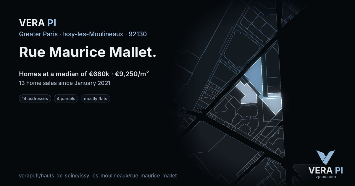 Rue Maurice Mallet, Issy-les-Moulineaux at night – every parcel coloured by the prices around it, the street's own parcels lit