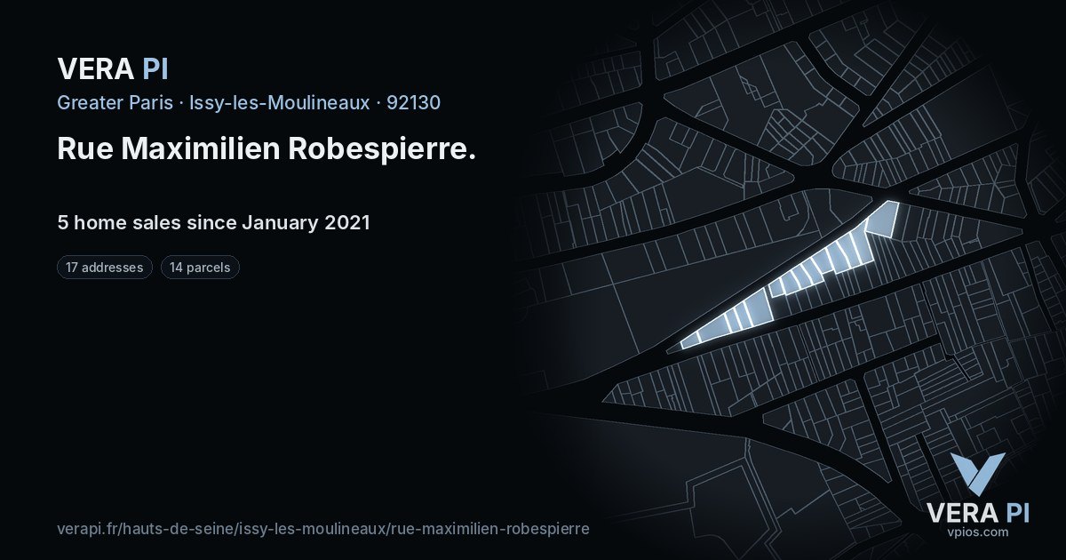 Rue Maximilien Robespierre, Issy-les-Moulineaux at night – every parcel coloured by the prices around it, the street's own parcels lit