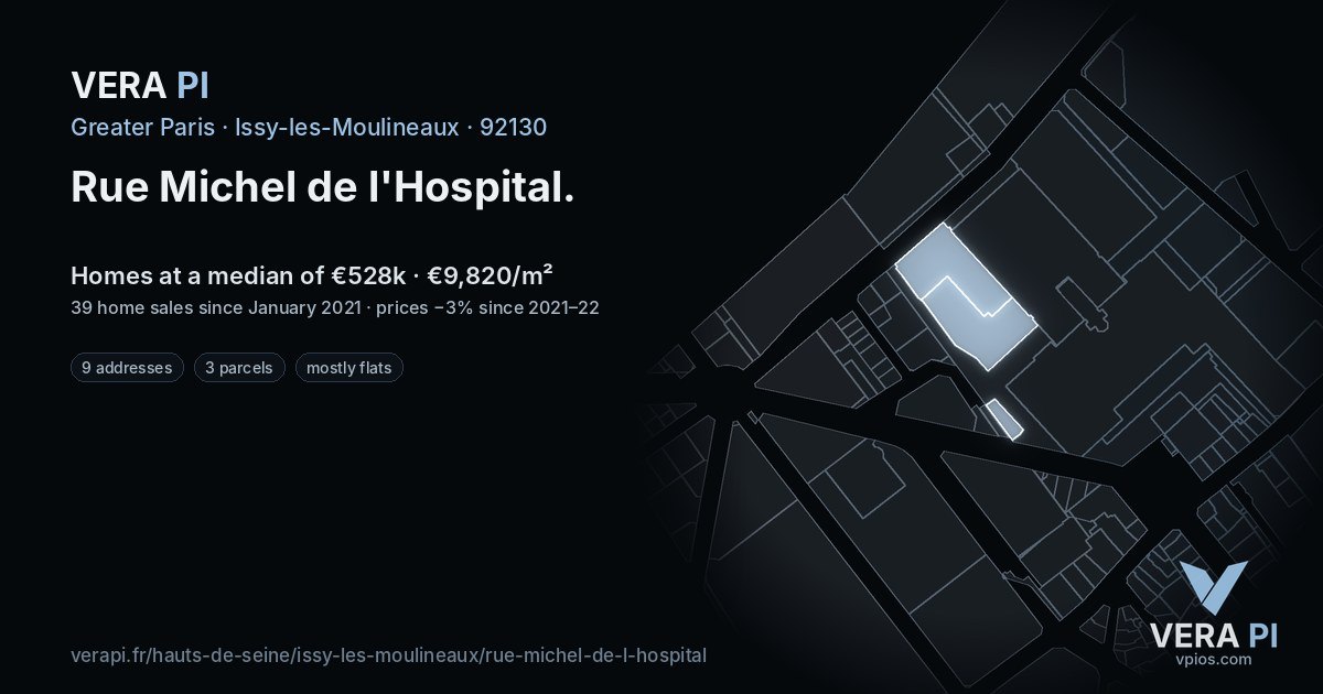 Rue Michel de l'Hospital, Issy-les-Moulineaux at night – every parcel coloured by the prices around it, the street's own parcels lit