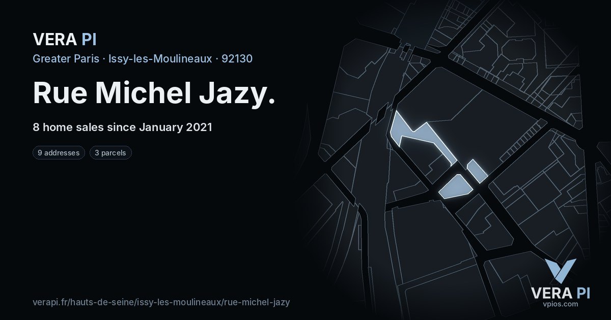 Rue Michel Jazy, Issy-les-Moulineaux at night – every parcel coloured by the prices around it, the street's own parcels lit