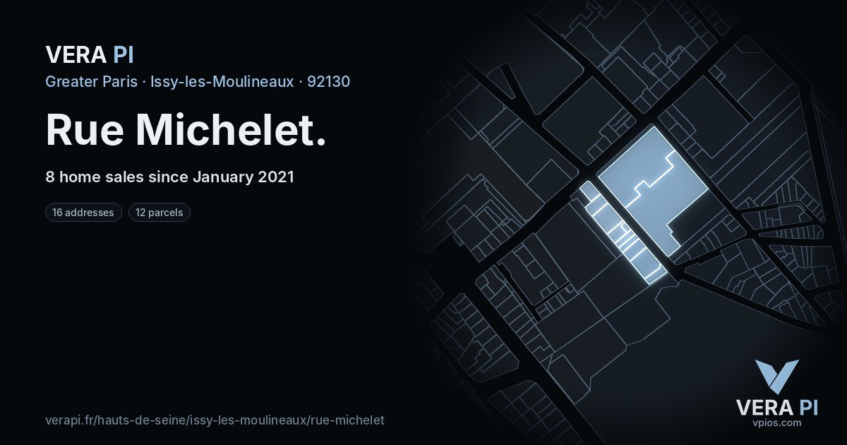 Rue Michelet, Issy-les-Moulineaux at night – every parcel coloured by the prices around it, the street's own parcels lit