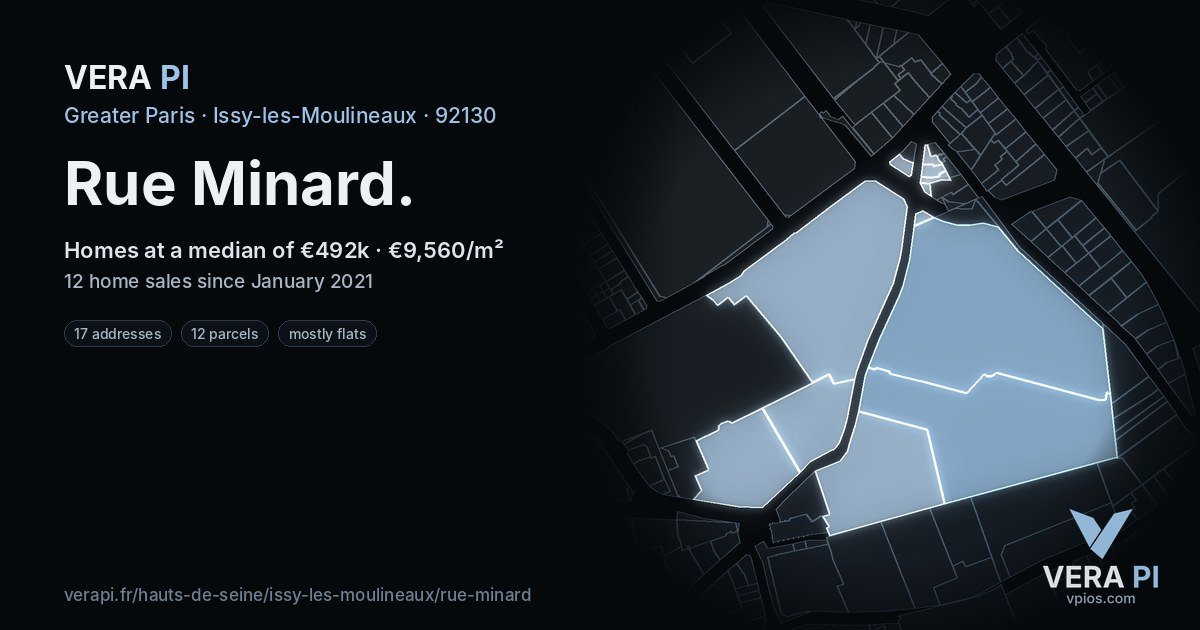 Rue Minard, Issy-les-Moulineaux at night – every parcel coloured by the prices around it, the street's own parcels lit