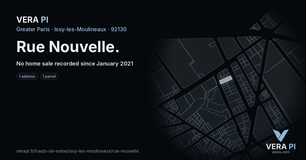 Rue Nouvelle, Issy-les-Moulineaux at night – every parcel coloured by the prices around it, the street's own parcels lit