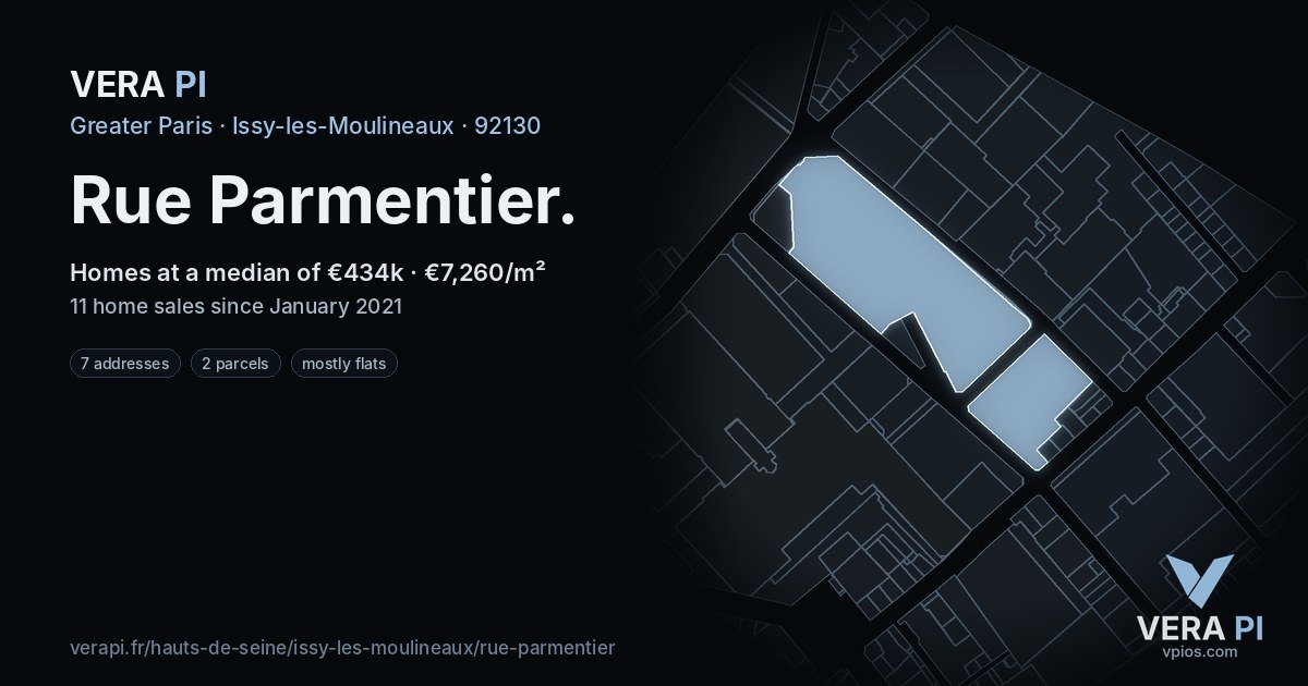 Rue Parmentier, Issy-les-Moulineaux at night – every parcel coloured by the prices around it, the street's own parcels lit