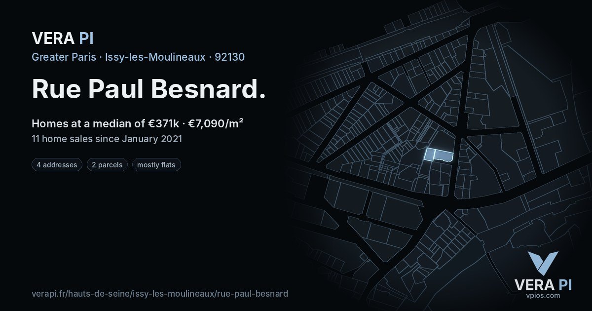 Rue Paul Besnard, Issy-les-Moulineaux at night – every parcel coloured by the prices around it, the street's own parcels lit