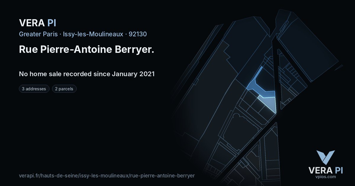 Rue Pierre-Antoine Berryer, Issy-les-Moulineaux at night – every parcel coloured by the prices around it, the street's own parcels lit