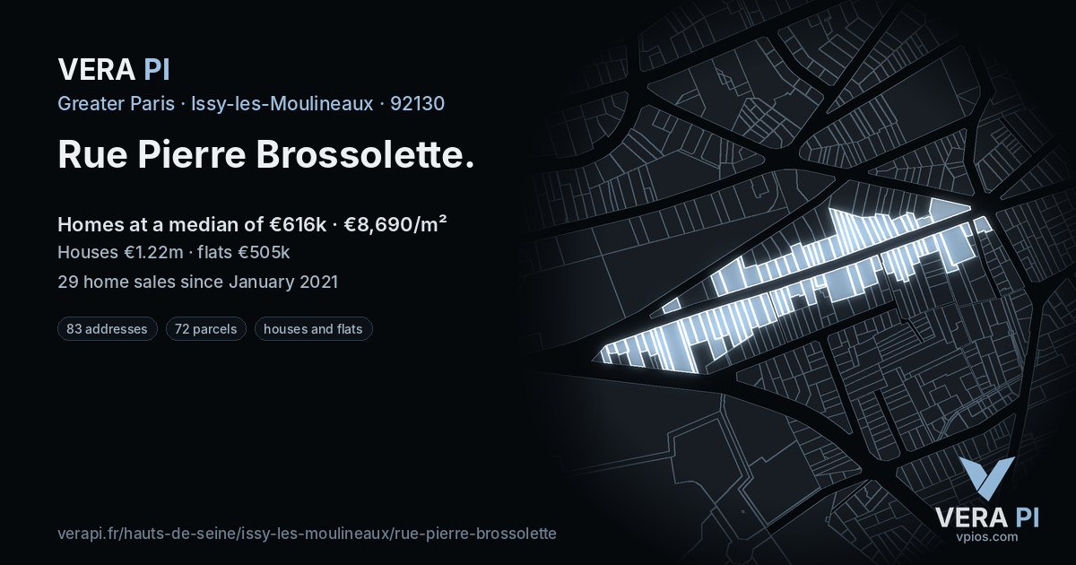 Rue Pierre Brossolette, Issy-les-Moulineaux at night – every parcel coloured by the prices around it, the street's own parcels lit