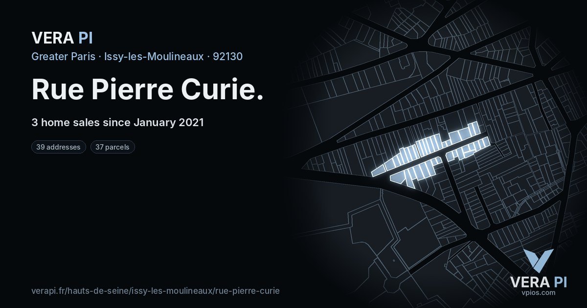 Rue Pierre Curie, Issy-les-Moulineaux at night – every parcel coloured by the prices around it, the street's own parcels lit