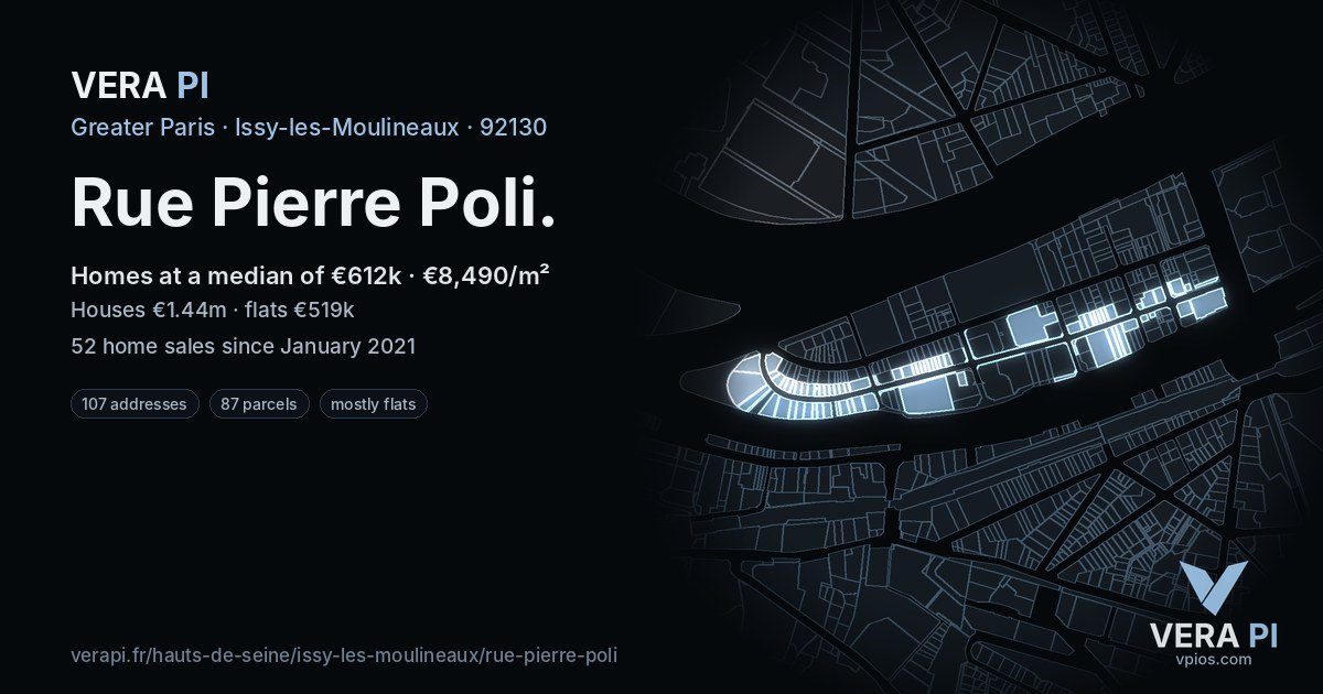 Rue Pierre Poli, Issy-les-Moulineaux at night – every parcel coloured by the prices around it, the street's own parcels lit