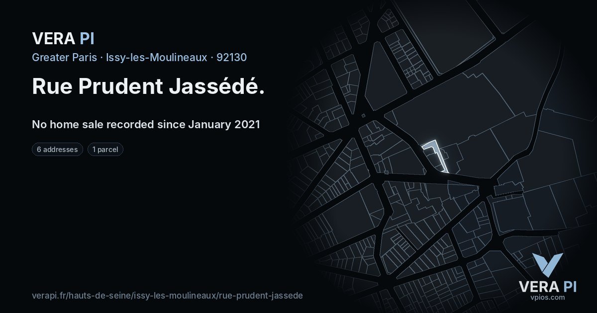 Rue Prudent Jassédé, Issy-les-Moulineaux at night – every parcel coloured by the prices around it, the street's own parcels lit