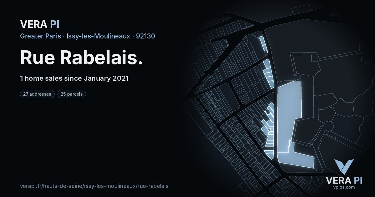 Rue Rabelais, Issy-les-Moulineaux at night – every parcel coloured by the prices around it, the street's own parcels lit