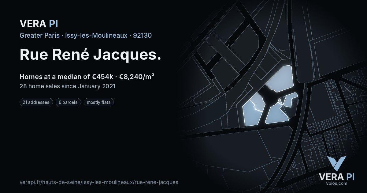 Rue René Jacques, Issy-les-Moulineaux at night – every parcel coloured by the prices around it, the street's own parcels lit