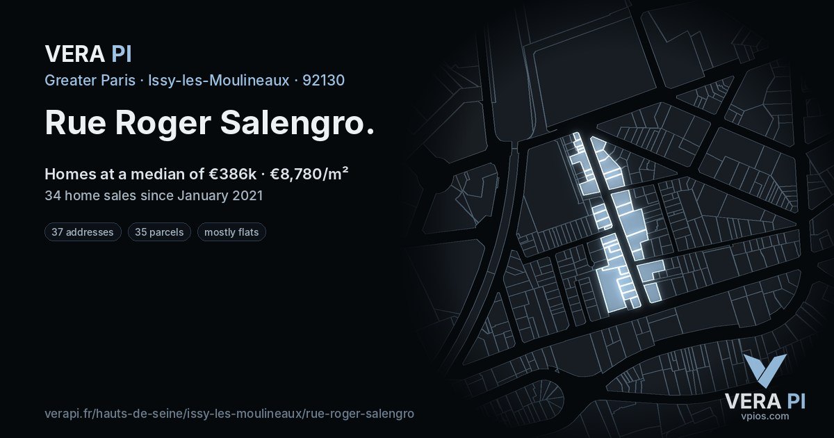 Rue Roger Salengro, Issy-les-Moulineaux at night – every parcel coloured by the prices around it, the street's own parcels lit