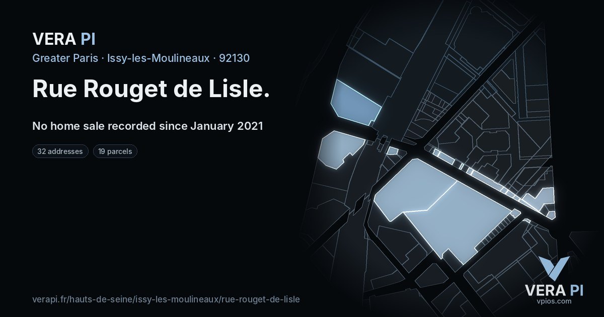 Rue Rouget de Lisle, Issy-les-Moulineaux at night – every parcel coloured by the prices around it, the street's own parcels lit