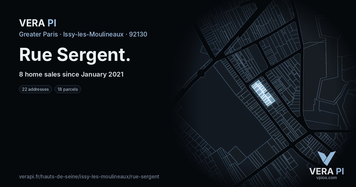 Rue Sergent, Issy-les-Moulineaux at night – every parcel coloured by the prices around it, the street's own parcels lit