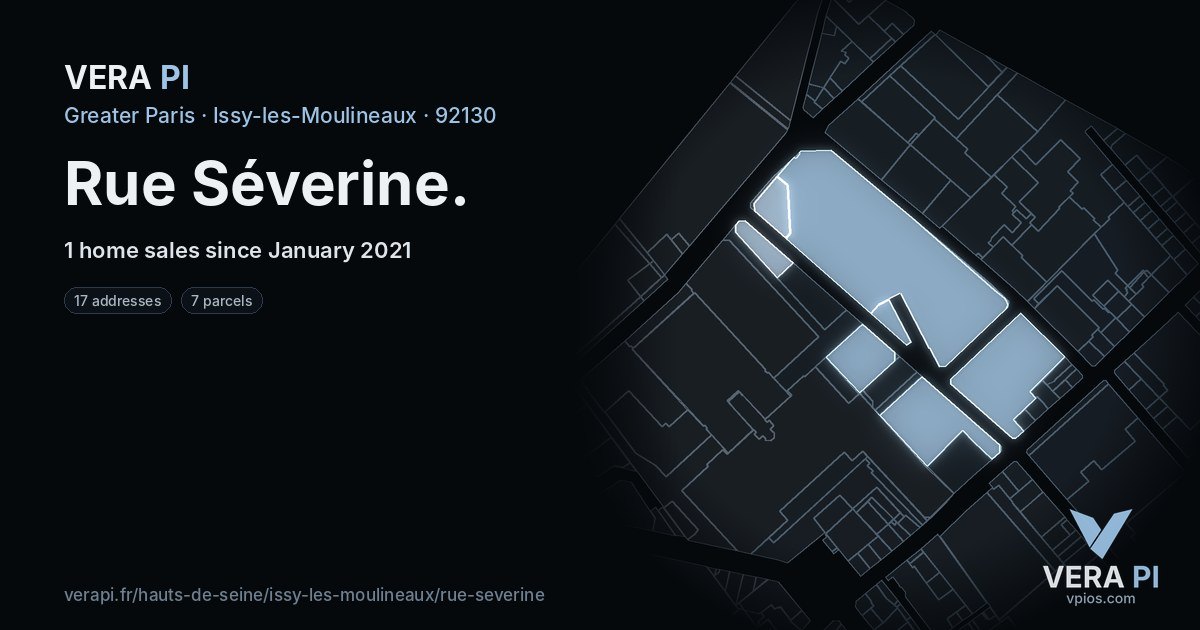 Rue Séverine, Issy-les-Moulineaux at night – every parcel coloured by the prices around it, the street's own parcels lit