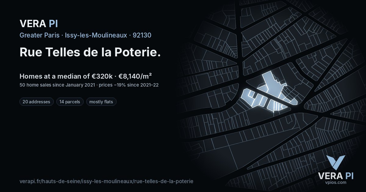 Rue Telles de la Poterie, Issy-les-Moulineaux at night – every parcel coloured by the prices around it, the street's own parcels lit
