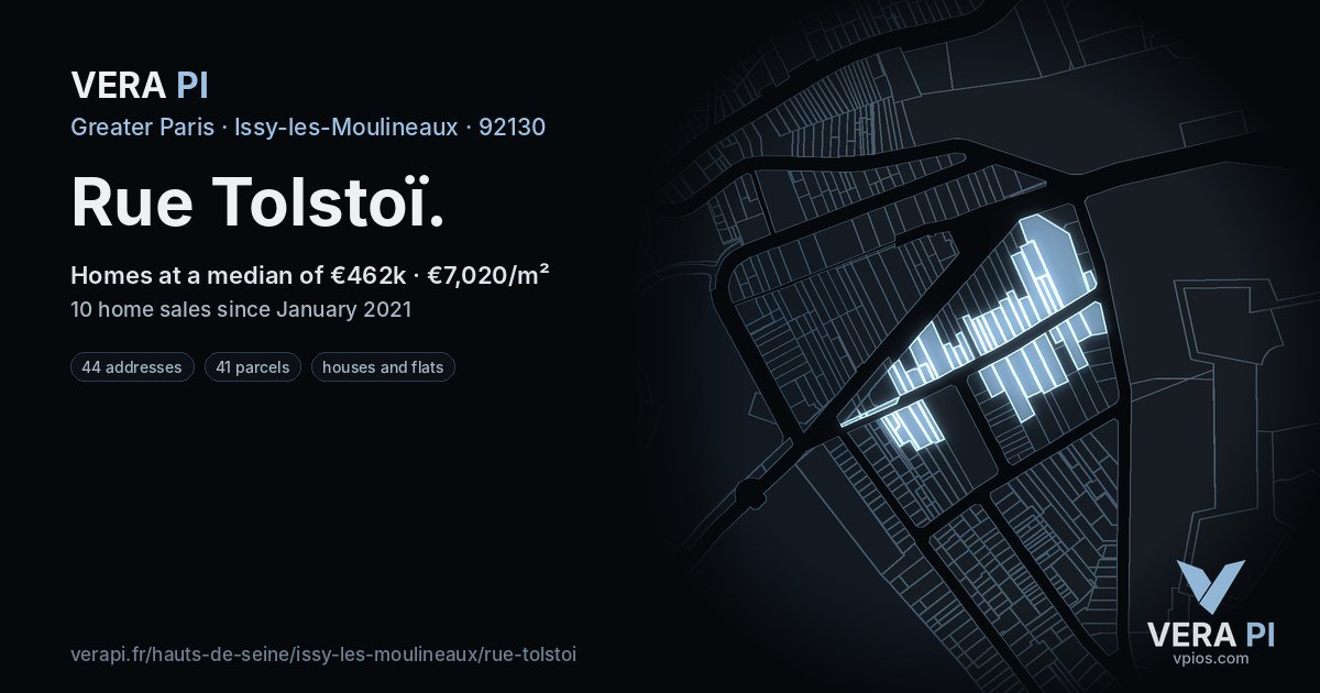 Rue Tolstoï, Issy-les-Moulineaux at night – every parcel coloured by the prices around it, the street's own parcels lit