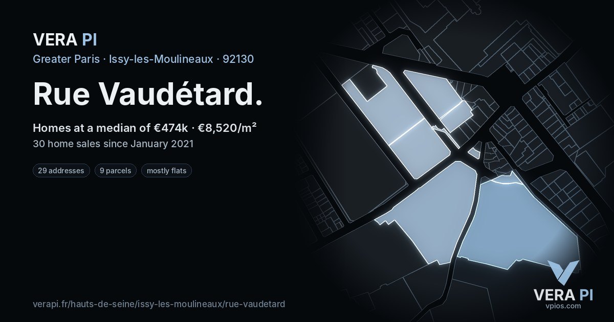 Rue Vaudétard, Issy-les-Moulineaux at night – every parcel coloured by the prices around it, the street's own parcels lit