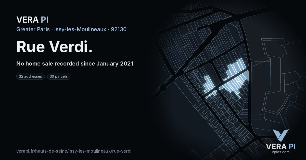 Rue Verdi, Issy-les-Moulineaux at night – every parcel coloured by the prices around it, the street's own parcels lit
