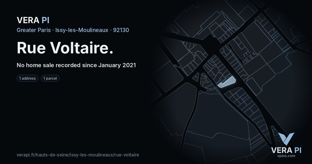 Rue Voltaire, Issy-les-Moulineaux at night – every parcel coloured by the prices around it, the street's own parcels lit