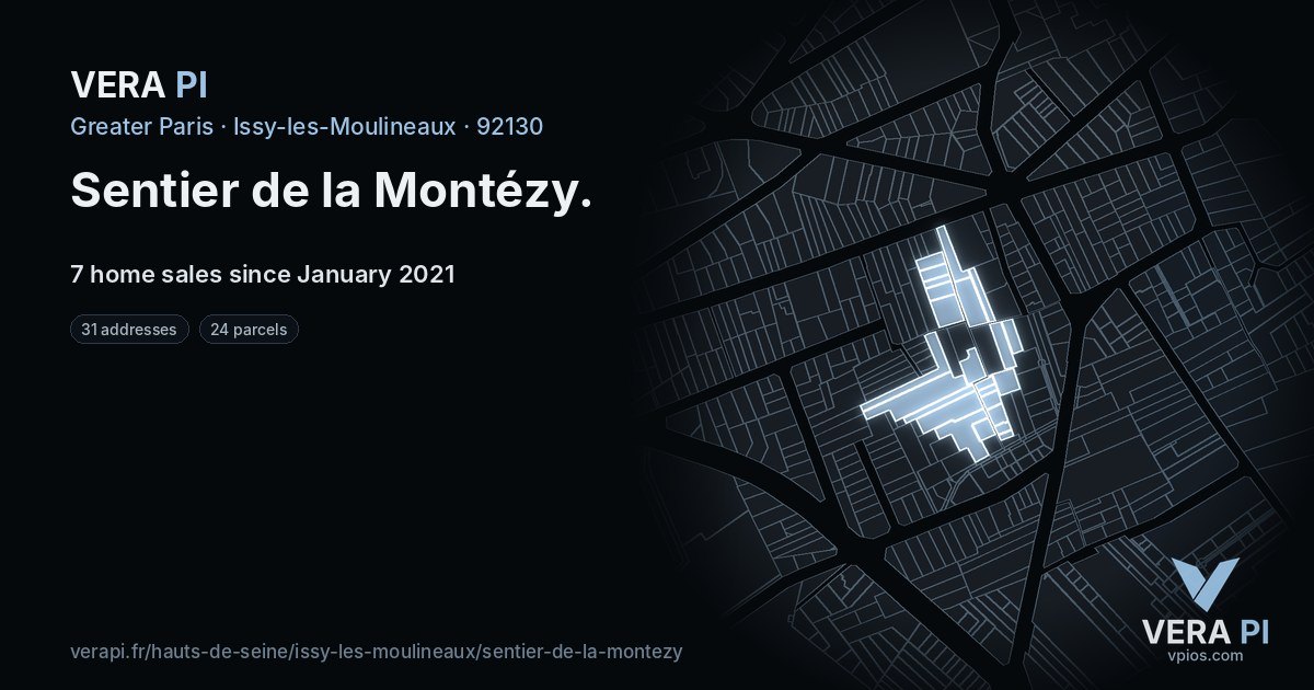 Sentier de la Montézy, Issy-les-Moulineaux at night – every parcel coloured by the prices around it, the street's own parcels lit
