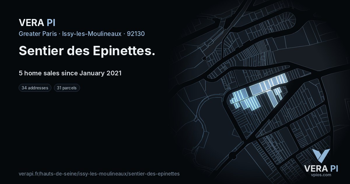 Sentier des Epinettes, Issy-les-Moulineaux at night – every parcel coloured by the prices around it, the street's own parcels lit