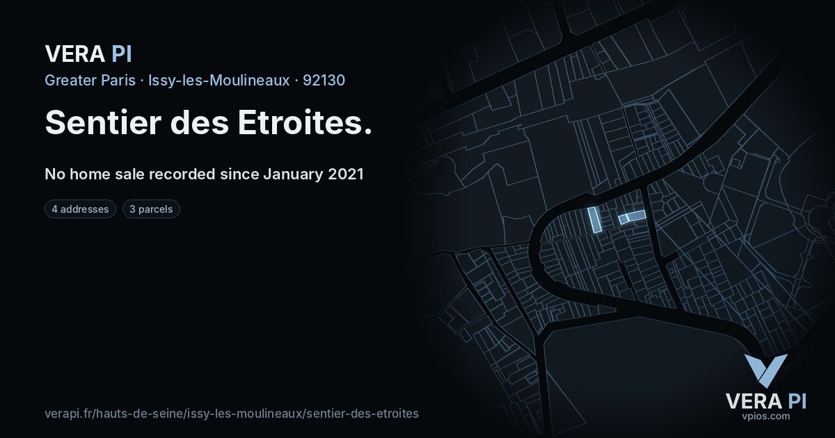 Sentier des Etroites, Issy-les-Moulineaux at night – every parcel coloured by the prices around it, the street's own parcels lit