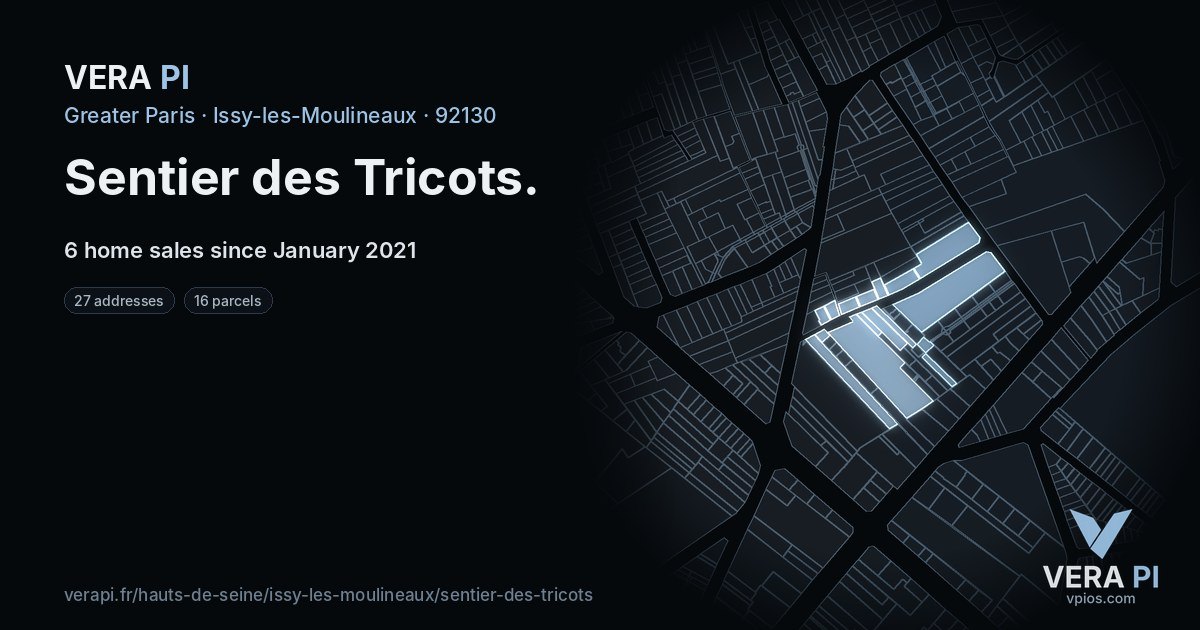 Sentier des Tricots, Issy-les-Moulineaux at night – every parcel coloured by the prices around it, the street's own parcels lit