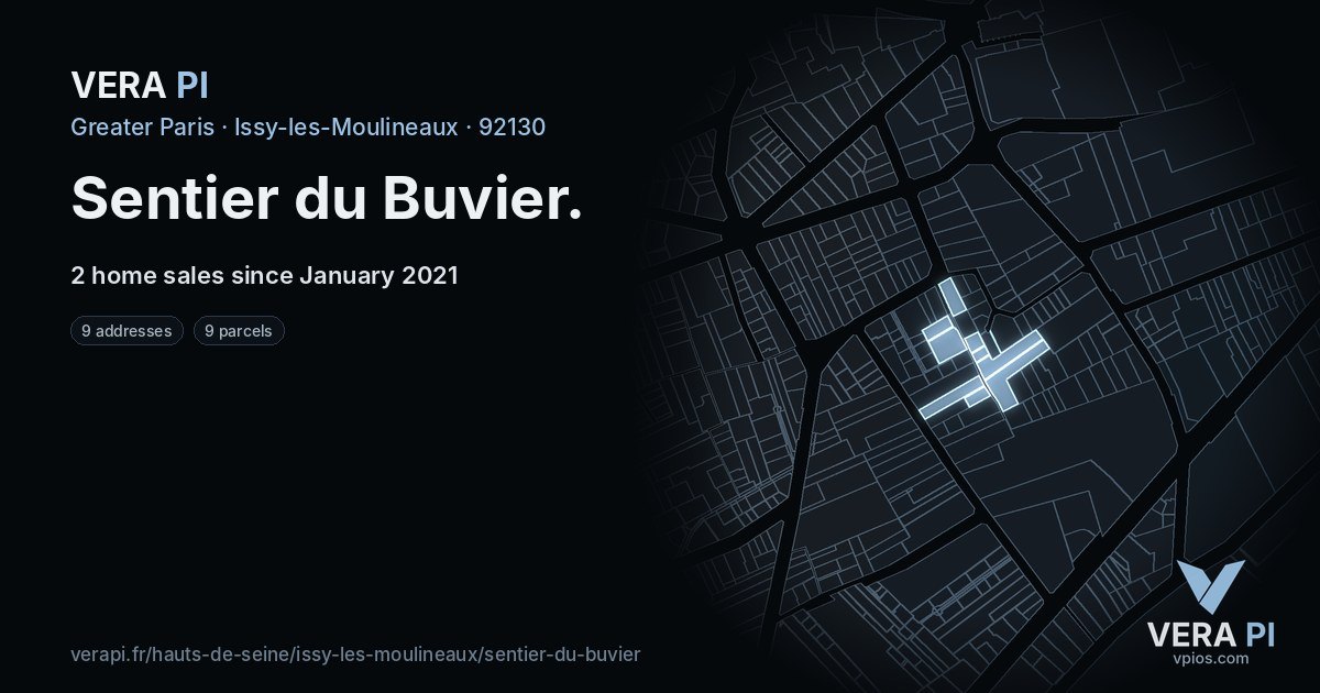 Sentier du Buvier, Issy-les-Moulineaux at night – every parcel coloured by the prices around it, the street's own parcels lit