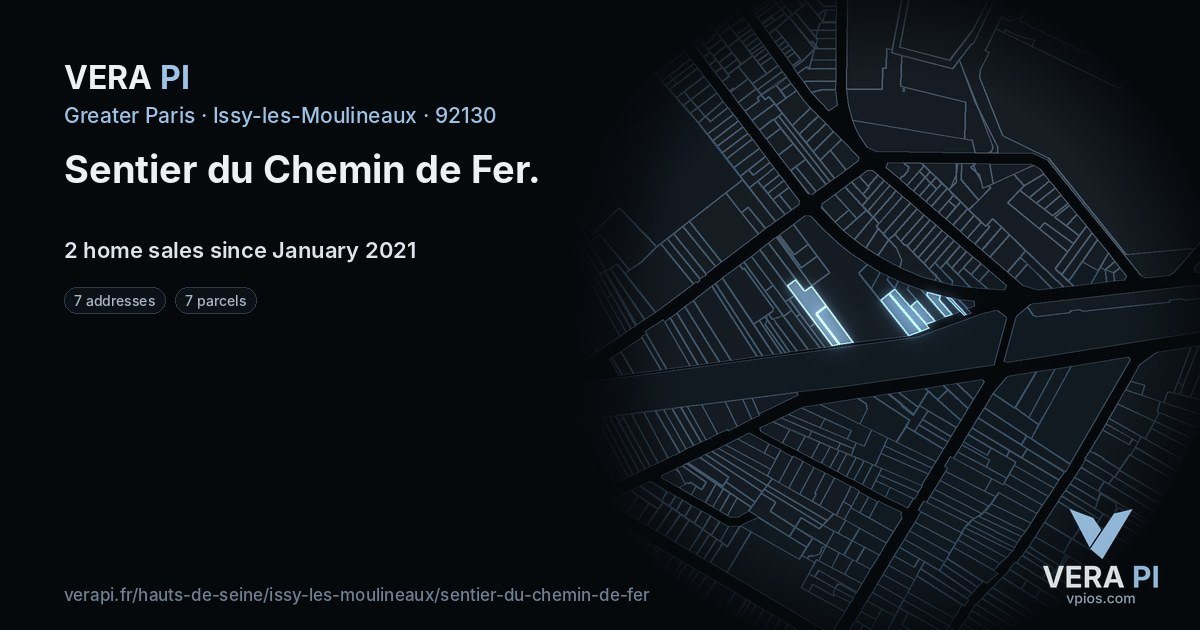 Sentier du Chemin de Fer, Issy-les-Moulineaux at night – every parcel coloured by the prices around it, the street's own parcels lit