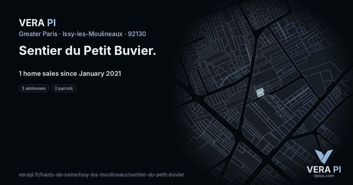 Sentier du Petit Buvier, Issy-les-Moulineaux at night – every parcel coloured by the prices around it, the street's own parcels lit