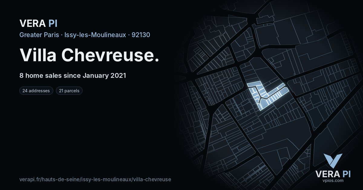 Villa Chevreuse, Issy-les-Moulineaux at night – every parcel coloured by the prices around it, the street's own parcels lit