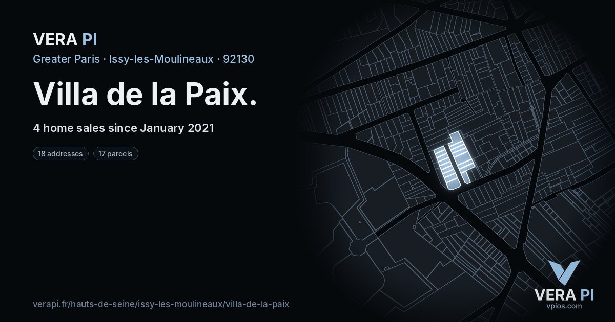 Villa de la Paix, Issy-les-Moulineaux at night – every parcel coloured by the prices around it, the street's own parcels lit