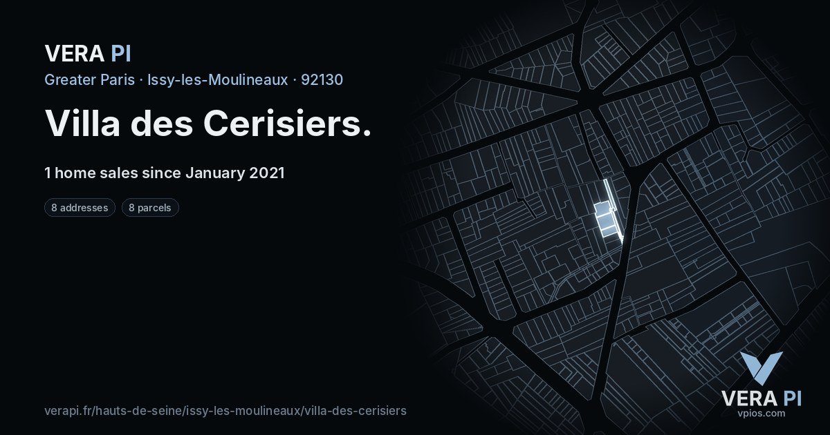 Villa des Cerisiers, Issy-les-Moulineaux at night – every parcel coloured by the prices around it, the street's own parcels lit
