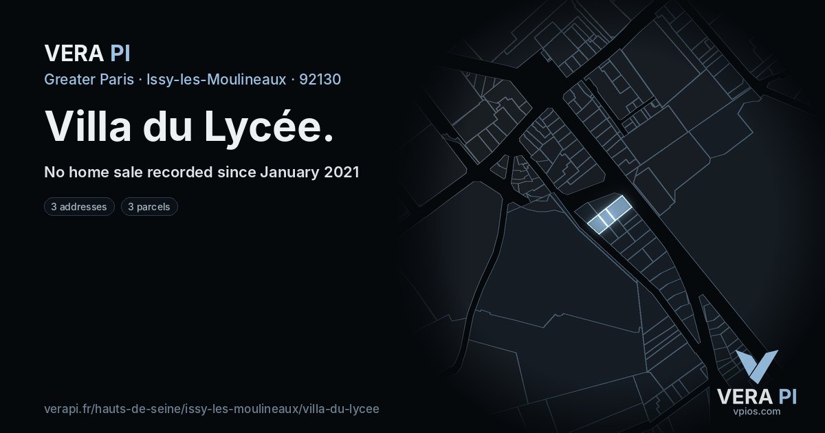Villa du Lycée, Issy-les-Moulineaux at night – every parcel coloured by the prices around it, the street's own parcels lit