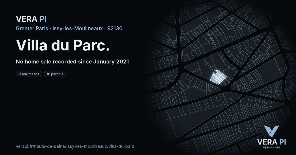 Villa du Parc, Issy-les-Moulineaux at night – every parcel coloured by the prices around it, the street's own parcels lit