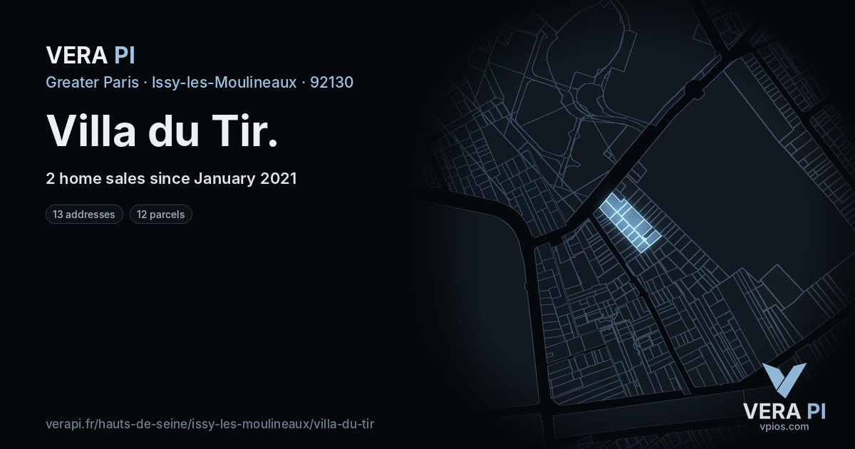 Villa du Tir, Issy-les-Moulineaux at night – every parcel coloured by the prices around it, the street's own parcels lit