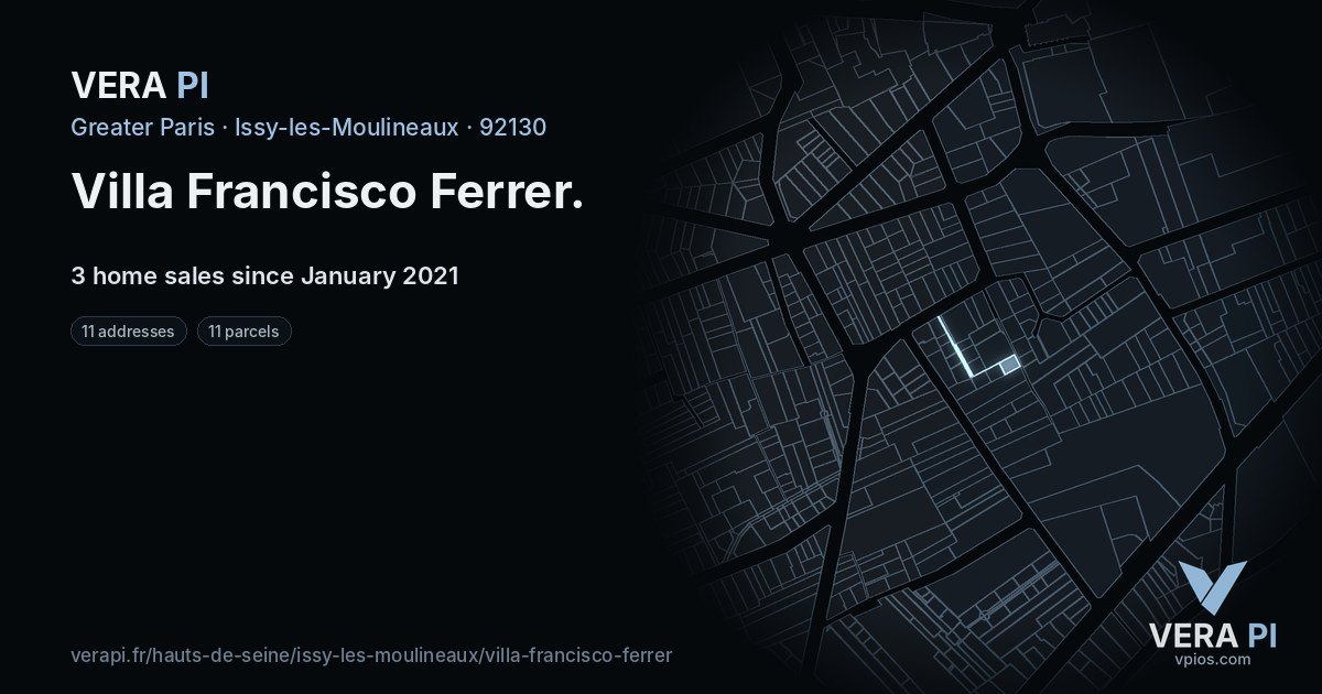 Villa Francisco Ferrer, Issy-les-Moulineaux at night – every parcel coloured by the prices around it, the street's own parcels lit