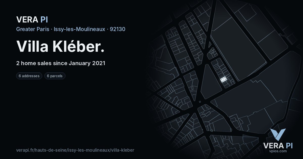 Villa Kléber, Issy-les-Moulineaux at night – every parcel coloured by the prices around it, the street's own parcels lit