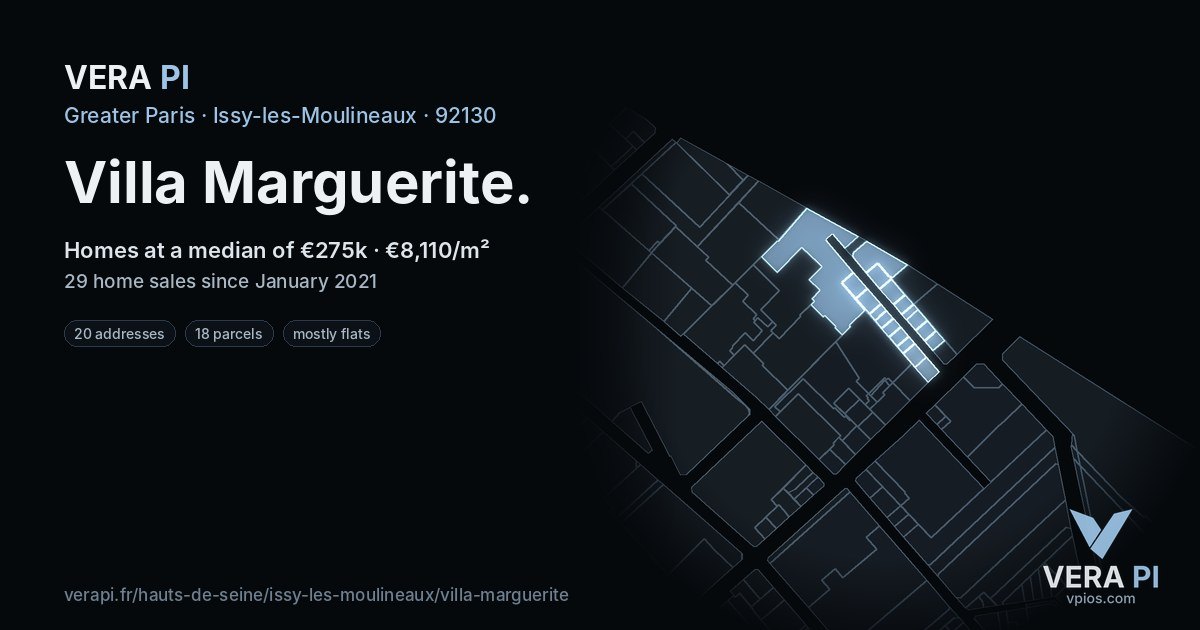 Villa Marguerite, Issy-les-Moulineaux at night – every parcel coloured by the prices around it, the street's own parcels lit